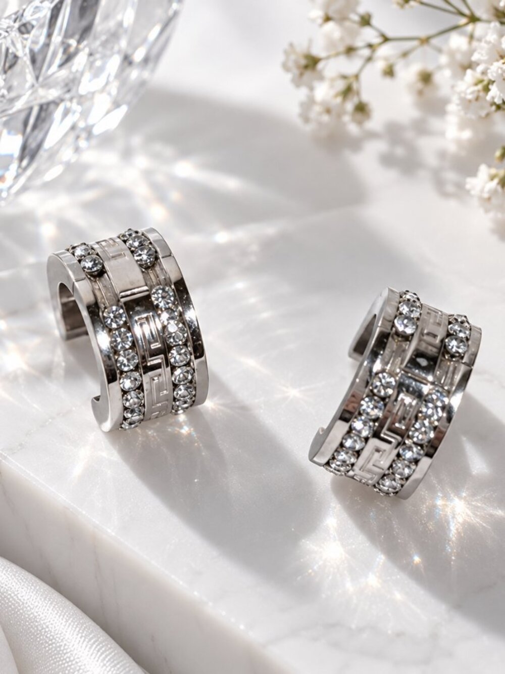 Silver Rhinestone Greek Key Huggie Hoop Earrings